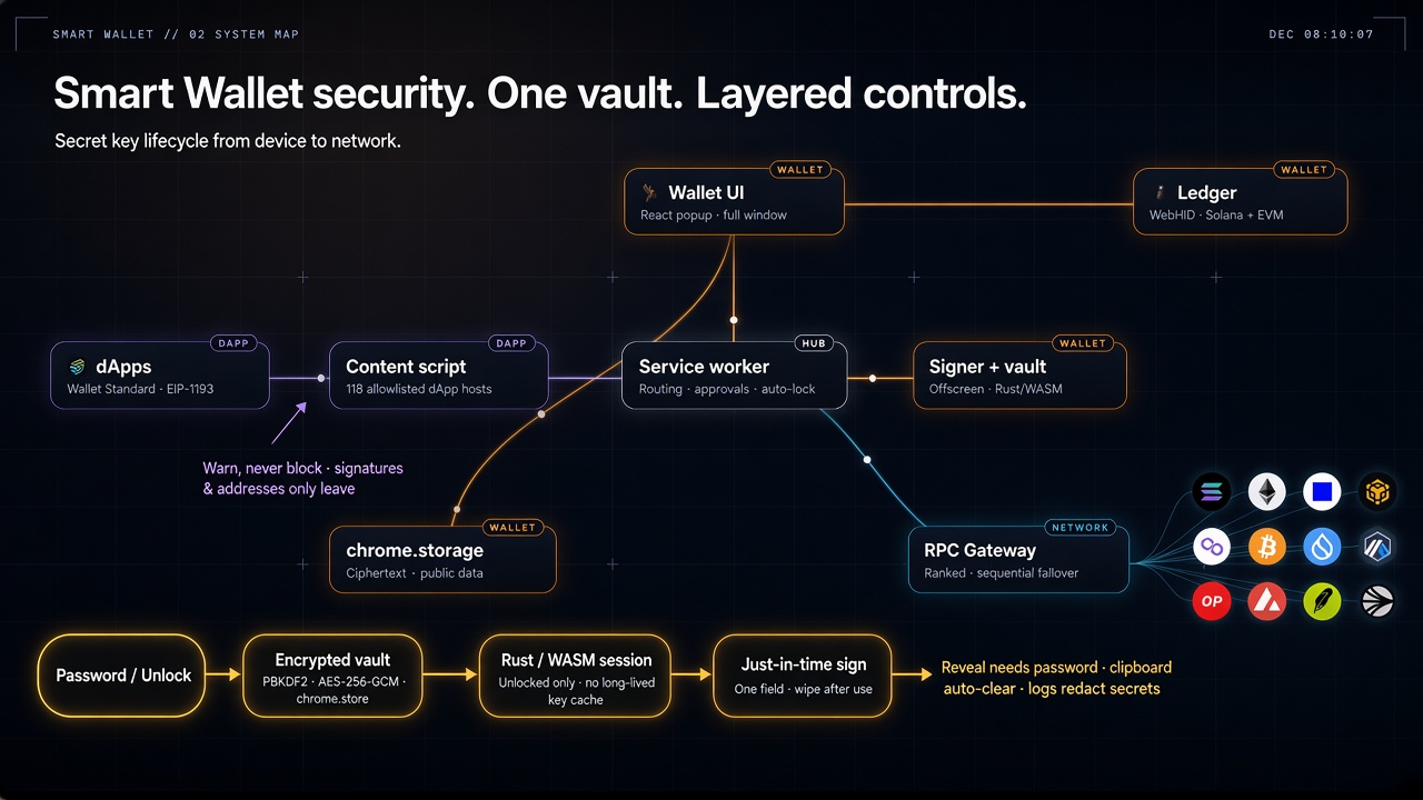 Smart Wallet security map: service worker hub connecting dApp, wallet, and network; vault lifecycle from Password to Encrypted vault to Rust/WASM to just-in-time sign.